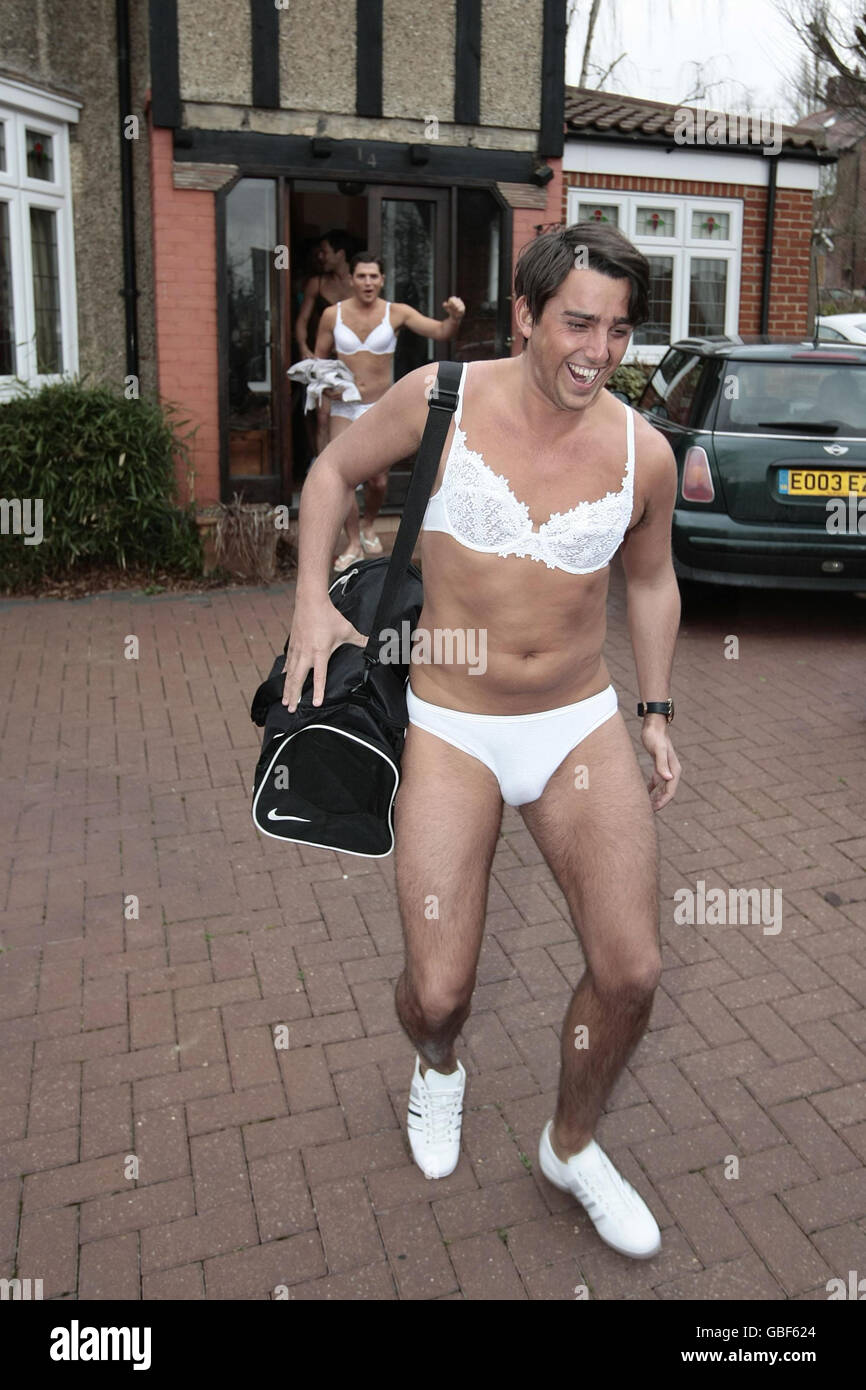 Jack Tweed's friends leave his mothers house dressed in bras and knickers on the day of Tweed's wedding to Jade Goody. Stock Photo