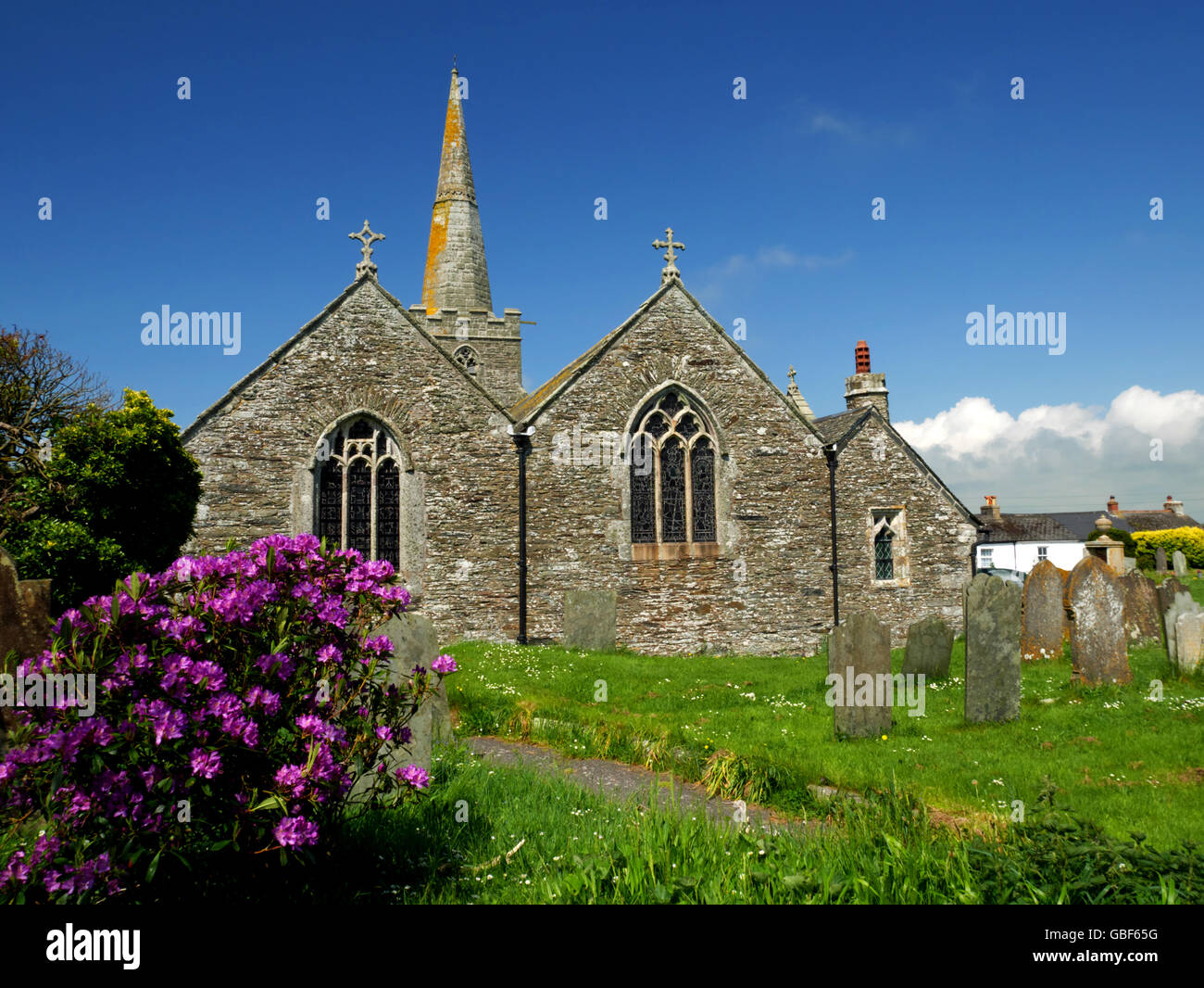 The church of St Gerent, Gerrans, Cornwall, is one of the few in the county with a steeple. Stock Photo