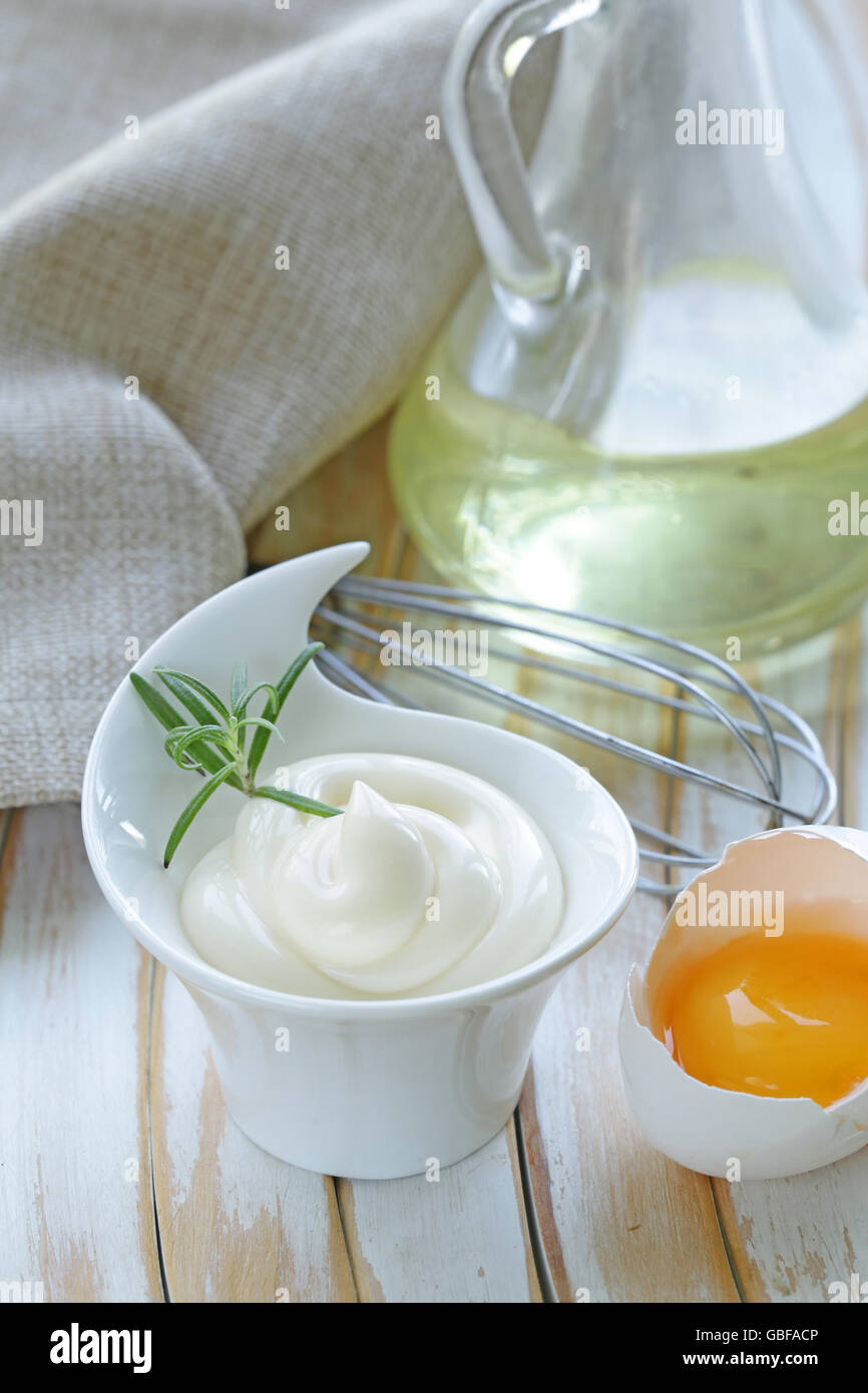 Natural homemade mayonnaise with egg yolk and vegetable oil Stock Photo