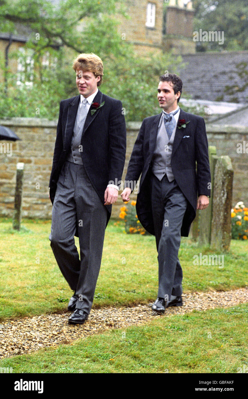 Viscount Althorp (l) waits for his bride to be, Victoria Lockwood, at St Mary the Virgin Church at Great Brington, Northamptonshire, followed by best man Darius Guppy Stock Photo