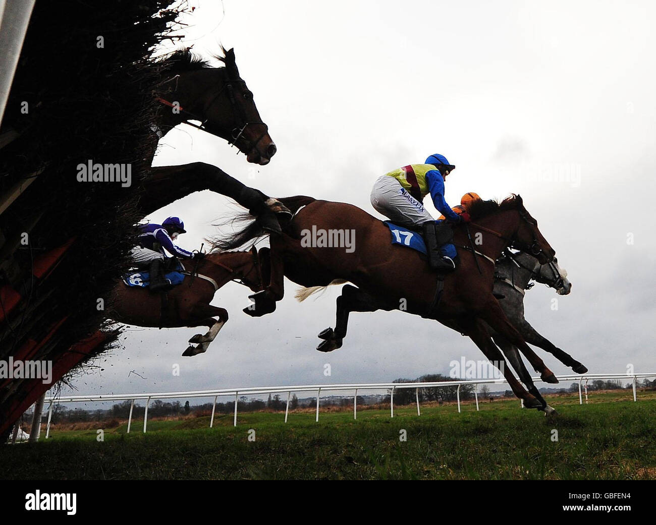 Horse Racing - Newcastle Racecourse. Runners and Riders in the NCFE Qualifications handicap Hurdle at Newcastle Racecourse, Newcastle. Stock Photo