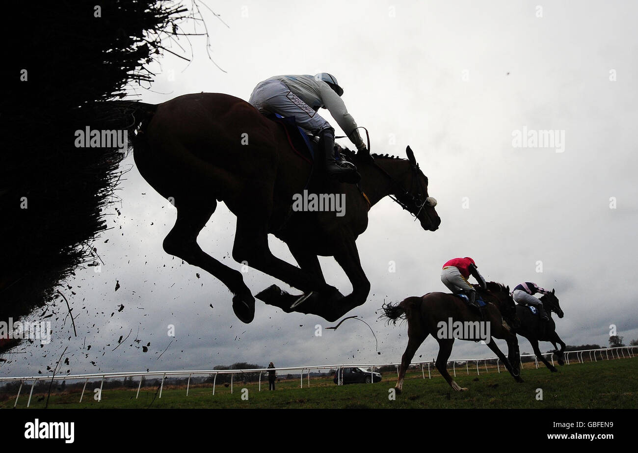 Runners and riders from the NCFE Qualifications handicap Hurdle at Newcastle Racecourse, Newcastle. Stock Photo