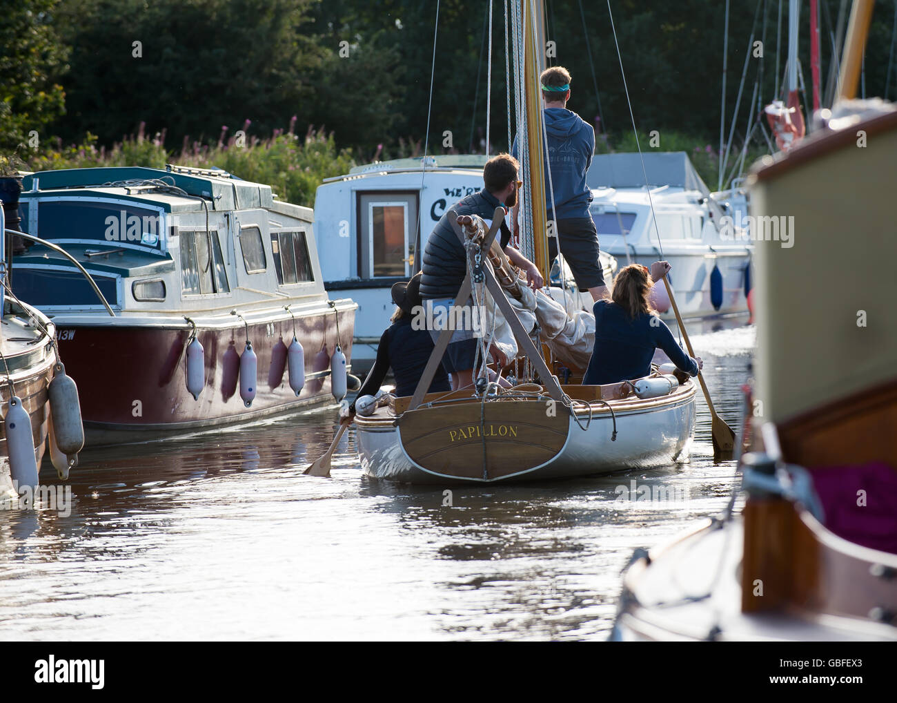 Norfolk broads mored boats in the early evening Stock Photo