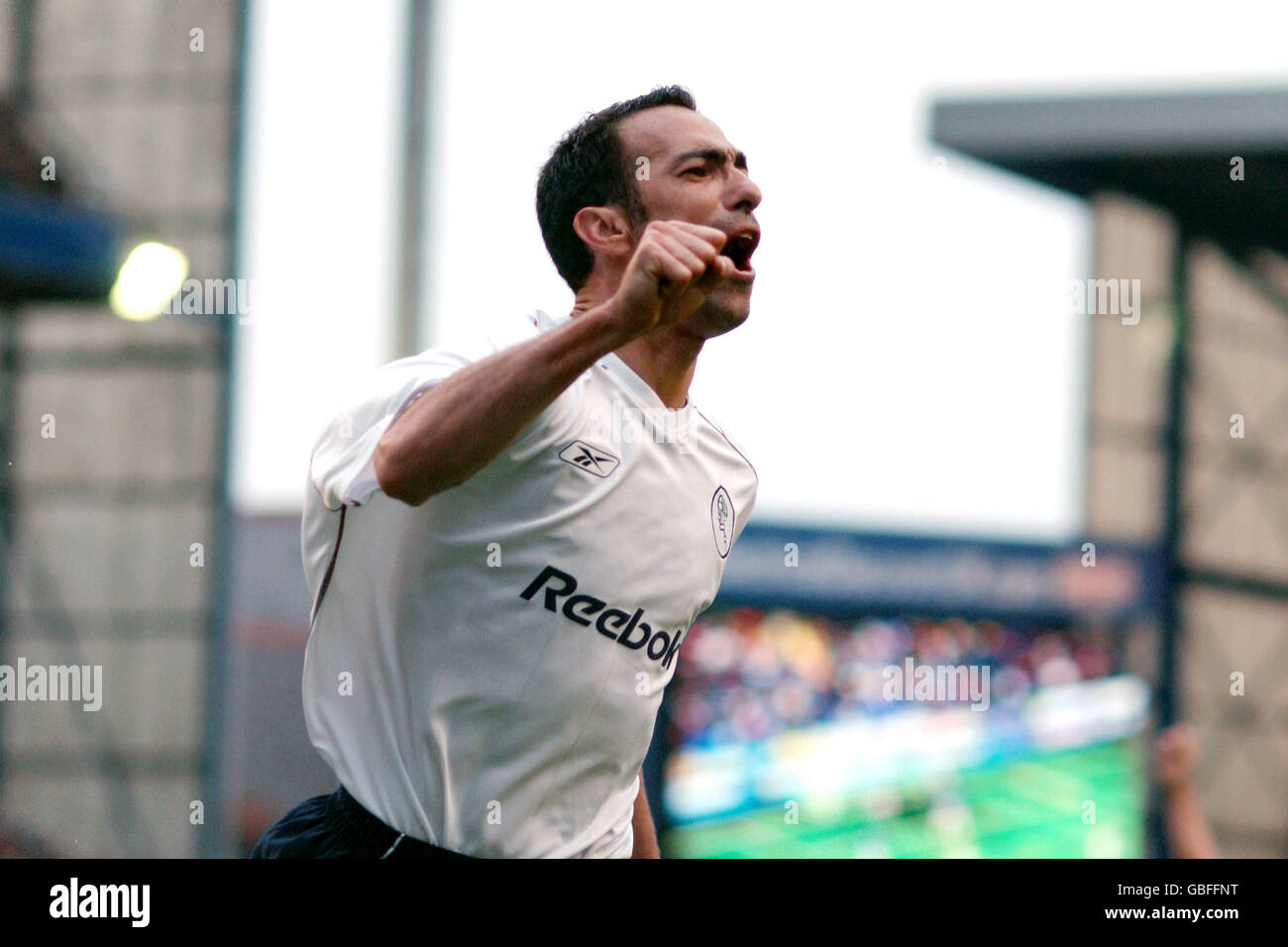 Soccer - FA Barclaycard Premiership - Everton v Bolton Wanderers. Bolton Wanderers' Youri Djorkaeff celebrates scoring their winning goal Stock Photo