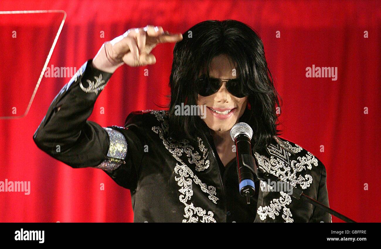 Michael Jackson announces plans for his last performances in London in July at the O2 Arena during a press conference held at the O2 Arena in Greenwich, London. Stock Photo