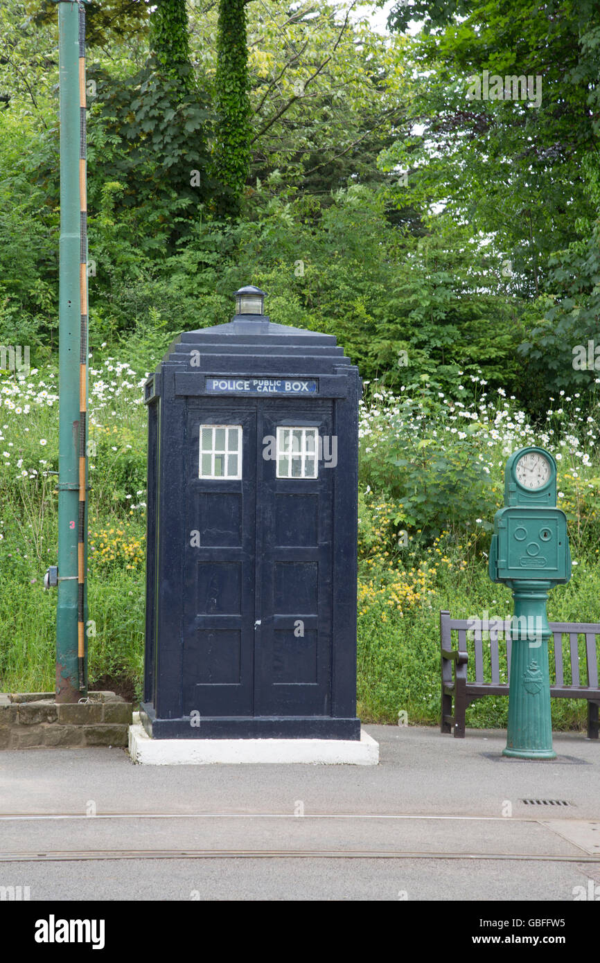 Old Blue Police Telephone Box - Tardis at National Tramway Museum and Village, Crich, Derbyshire, Peak District, England Stock Photo