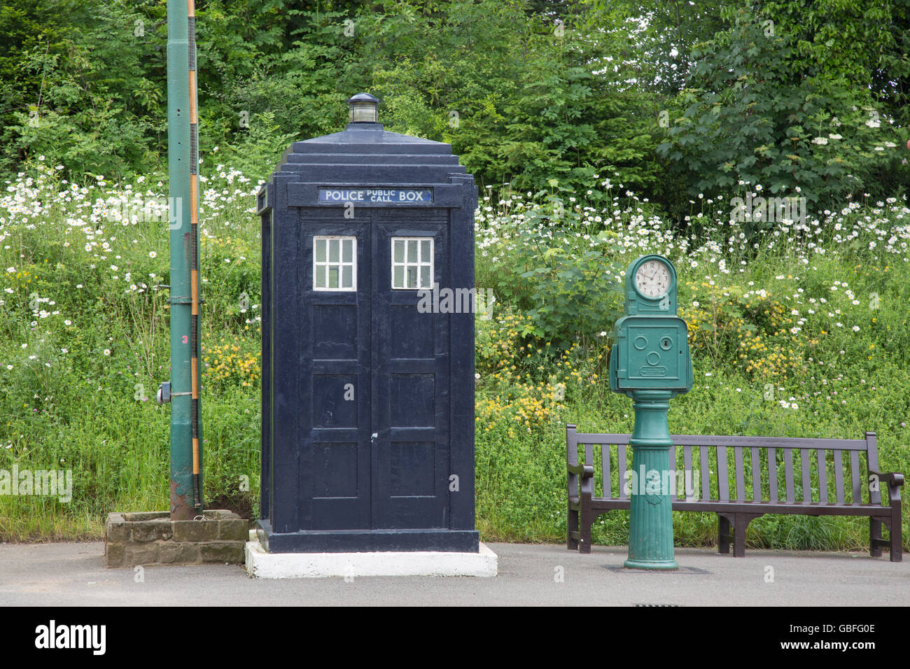 Old Blue Police Telephone Box - Tardis at National Tramway Museum and Village, Crich, Derbyshire, Peak District, England Stock Photo