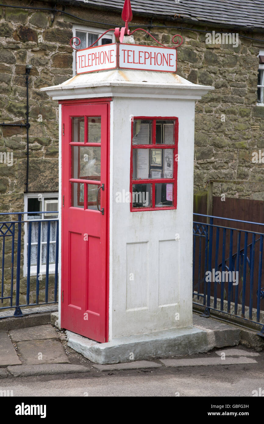 Old Red and White Telephone Cabin at National Tramway Museum and Village, Crich, Derbyshire, Peak District, England Stock Photo