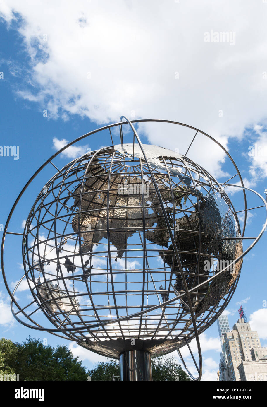 Steel Globe Sculpture, 59th Street, Columbus Circle, NYC Stock Photo