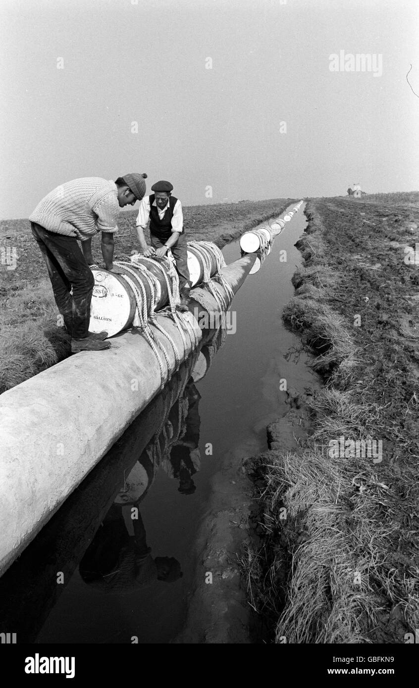 Workman lash buoyancy tanks (empty oil drums) to part of the 24 inch diameter pipe line which will be floated along the ditch to the River Humber during the laying of a two-mile link for North Sea Gas. Stock Photo