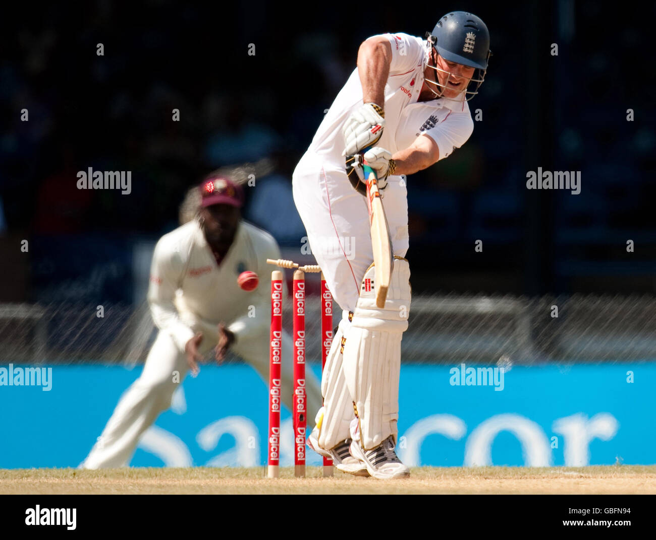 England captain Andrew Strauss is bowled by West Indies's Fidel Edwards during the fifth test at Queen's Park Oval, Port of Spain, Trinidad. Stock Photo