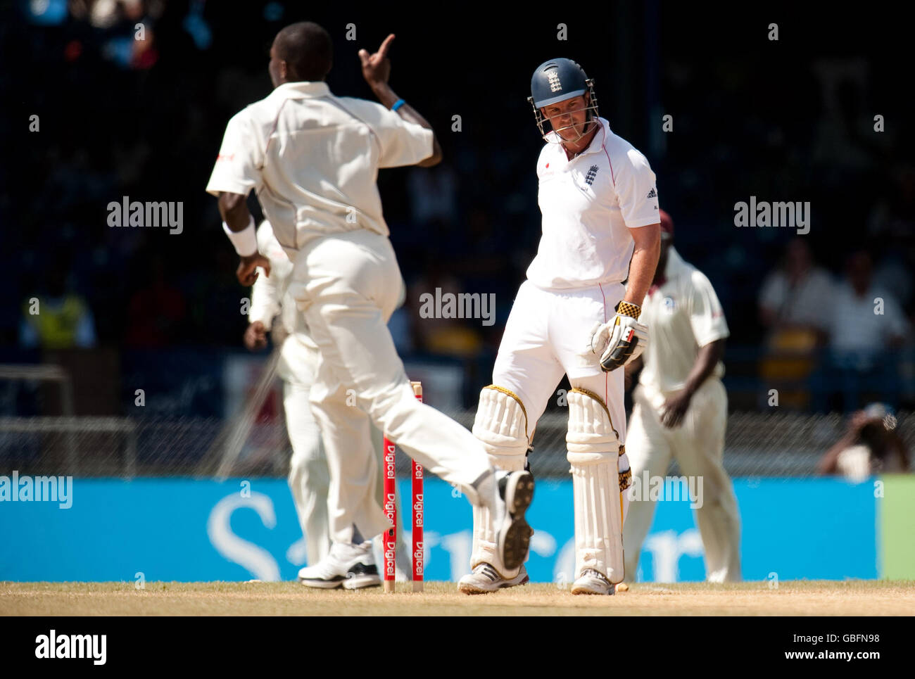 England captain Andrew Strauss is bowled by West Indies's Fidel Edwards during the fifth test at Queen's Park Oval, Port of Spain, Trinidad. Stock Photo