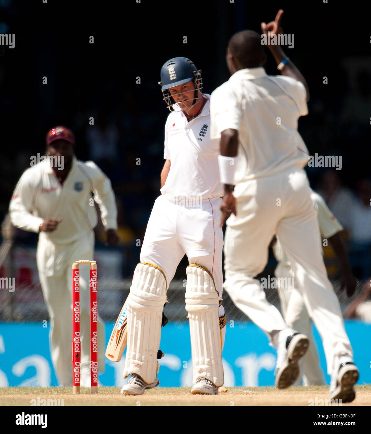 Cricket - Fifth Test - Day Two - England v West Indies - Queen's Park Oval. England captain Andrew Strauss is bowled by West Indies's Fidel Edwards during the fifth test at Queen's Park Oval, Port of Spain, Trinidad. Stock Photo