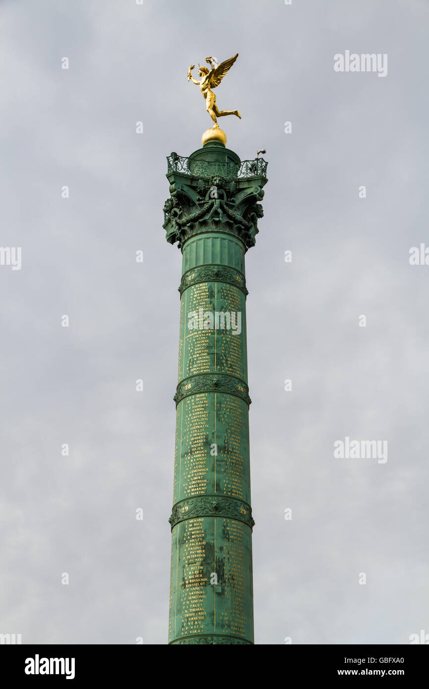 Top of the July Column, Colonne de Juillet. Place de Bastille, Paris France. Stock Photo