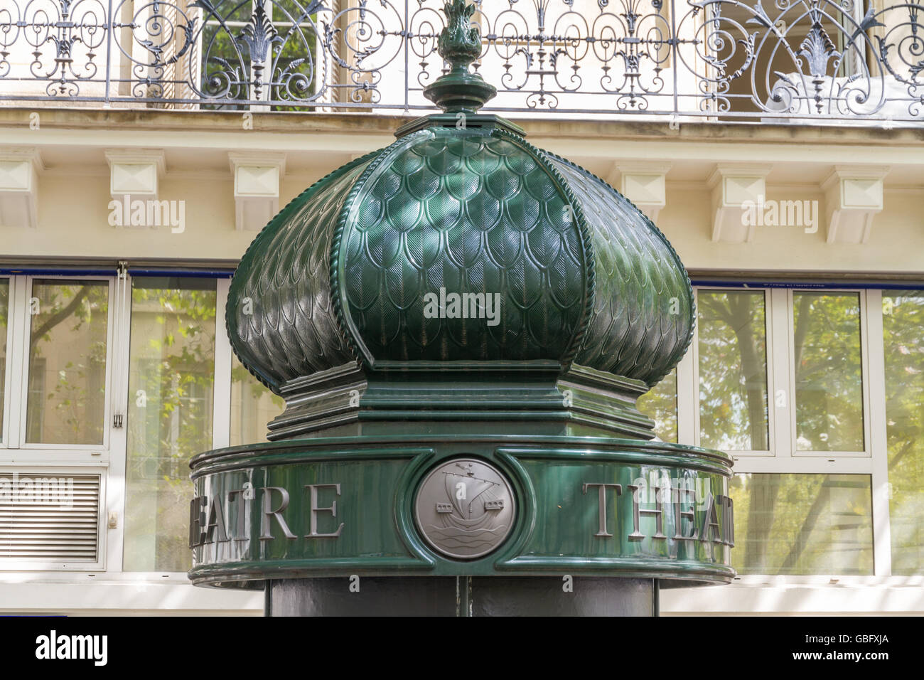 Upper part of morris or advertising column in Paris, France Stock Photo
