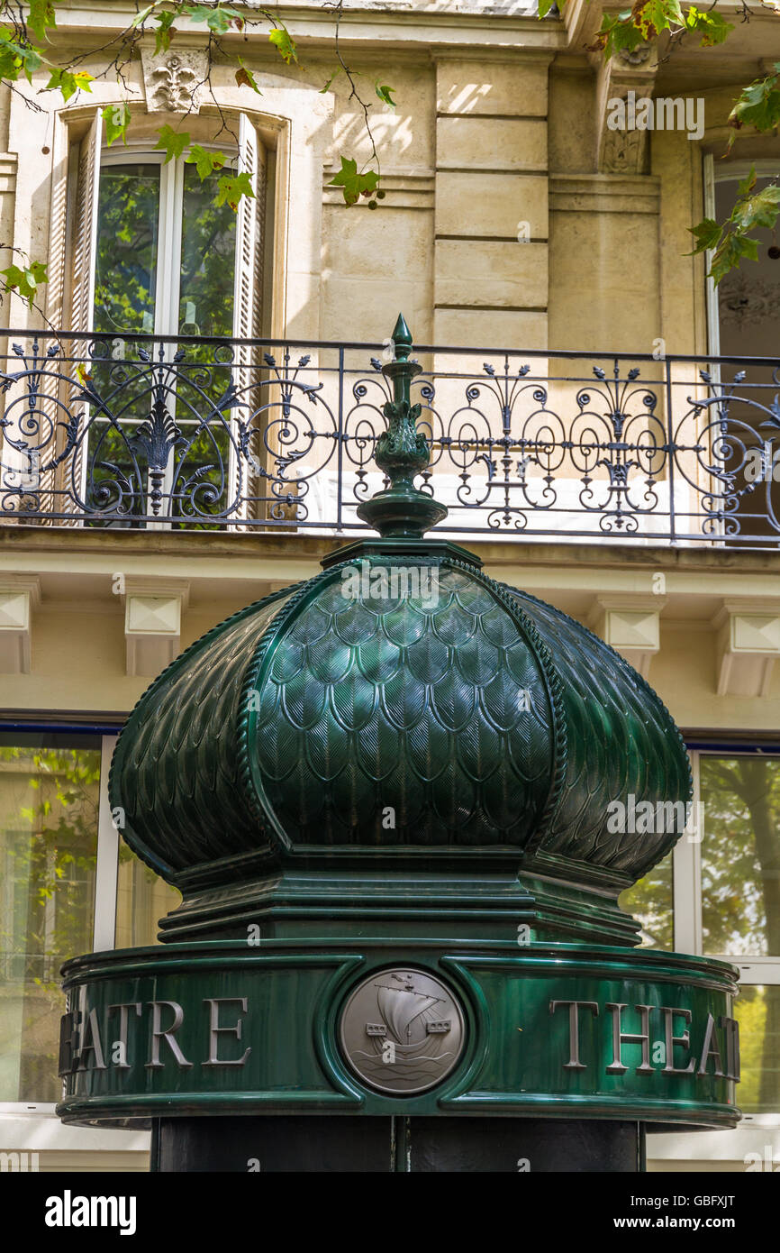 Upper part of morris or advertising column in Paris, France Stock Photo