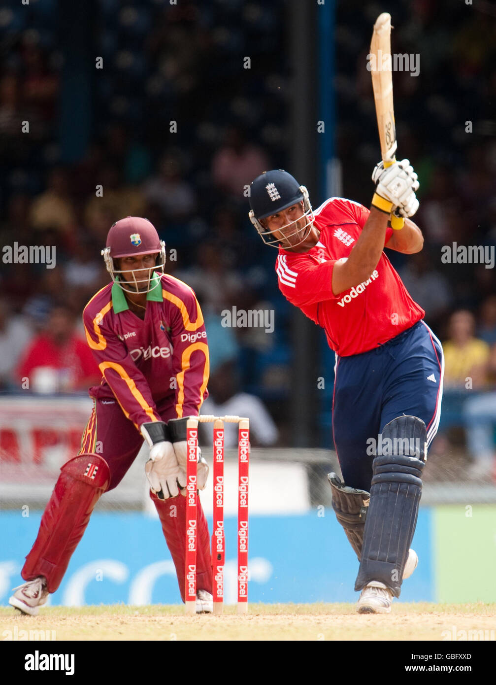 England's Owais Shah hits out only to be caught out by West Indies' Keiron Polland during the Twenty20 International at Queen's Park Oval, Port of Spain, Trinidad. Stock Photo