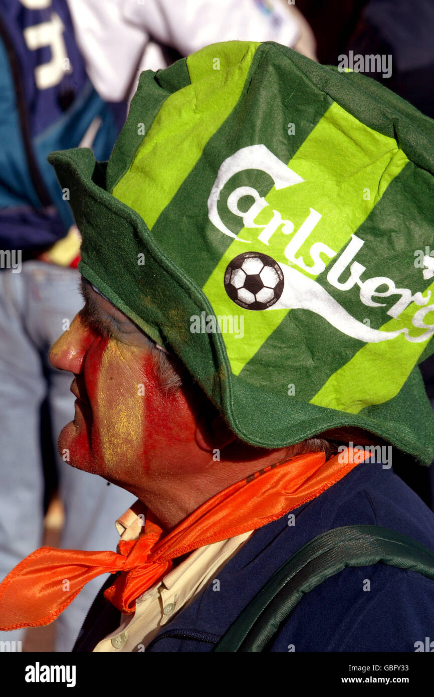 Soccer - UEFA Cup Final - Valencia v Olympique Marseille. A Valencia fan wears a special Carlsberg hat Stock Photo