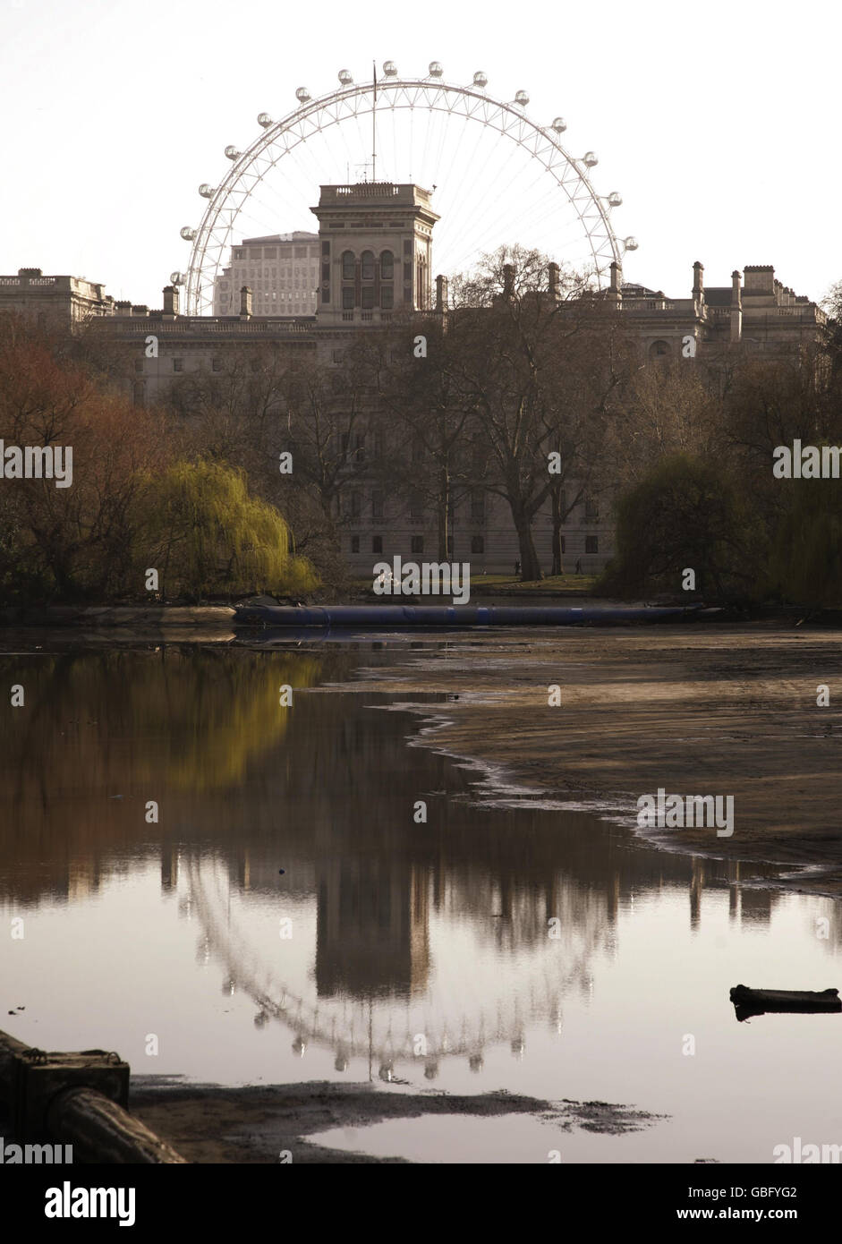 A view of the drained lake to improve water quality in St James's Park in London. Stock Photo