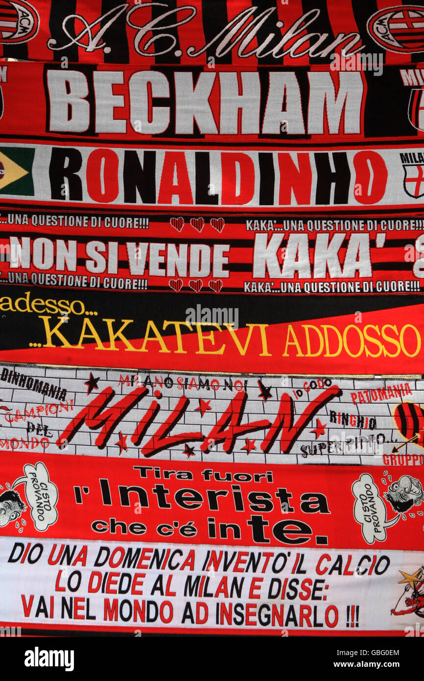 Soccer - Italian Serie A - AC Milan v Atalanta - San Siro. A David Beckham scarf hangs proudly among AC Milan memorabilia outside the San Siro Stock Photo