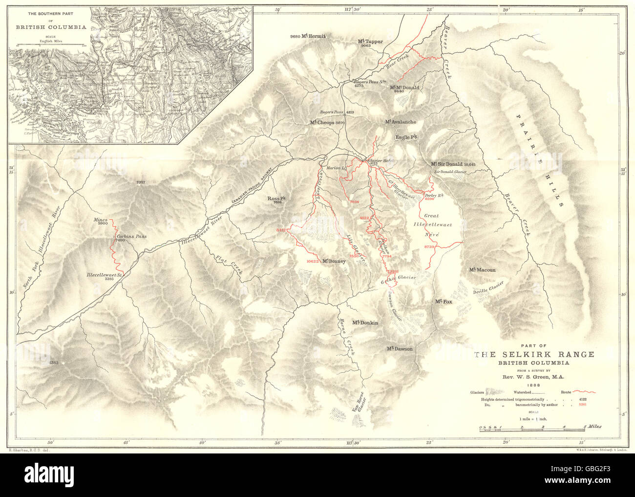 BRITISH COLUMBIA: Part of the Selkirk Range. Rev. Green survey. RGS, 1889 map Stock Photo