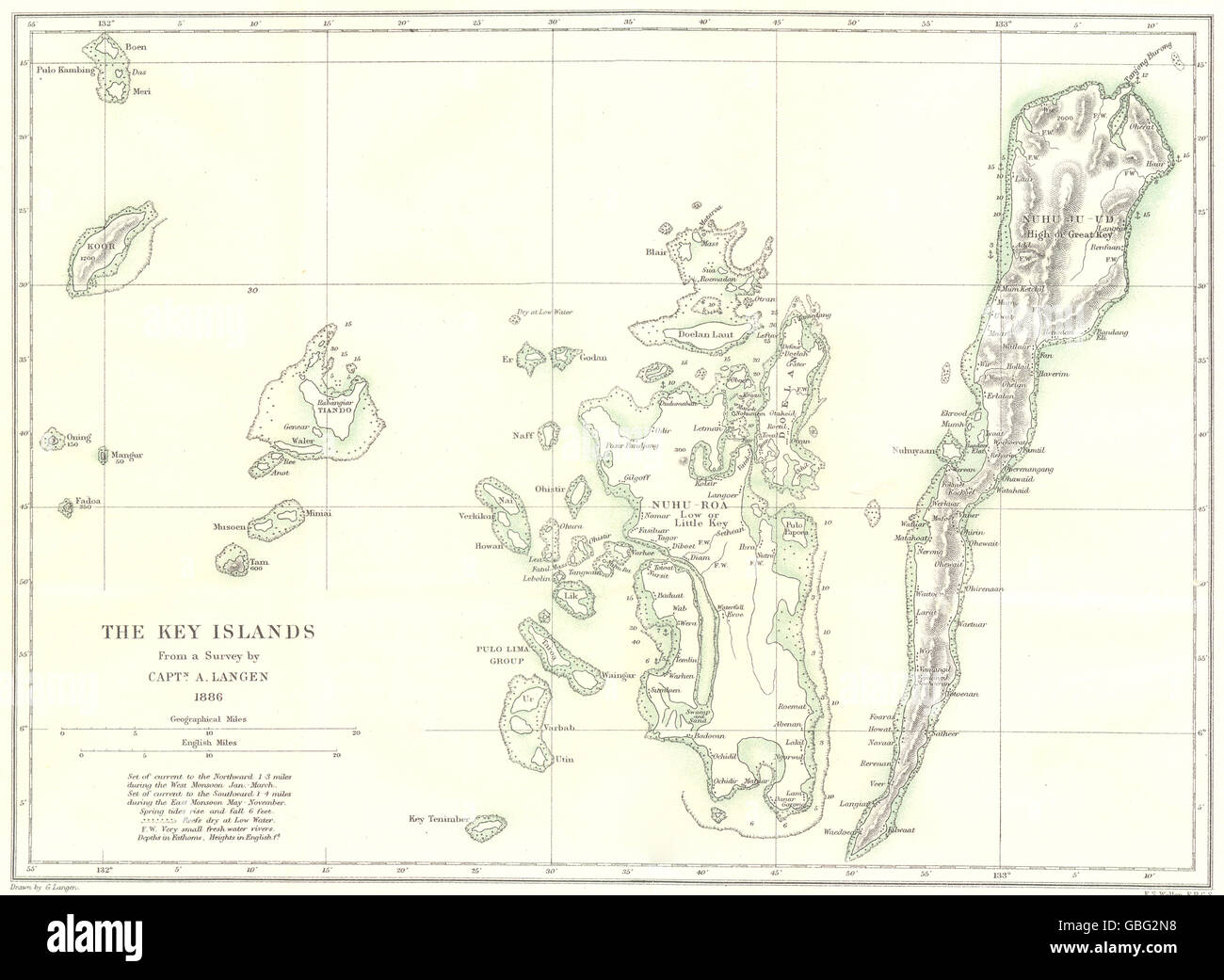 INDONESIA: Kai Islands. Nuhu Roa & Nuhu Yuut. Capt Langen survey. RGS, 1888 map Stock Photo