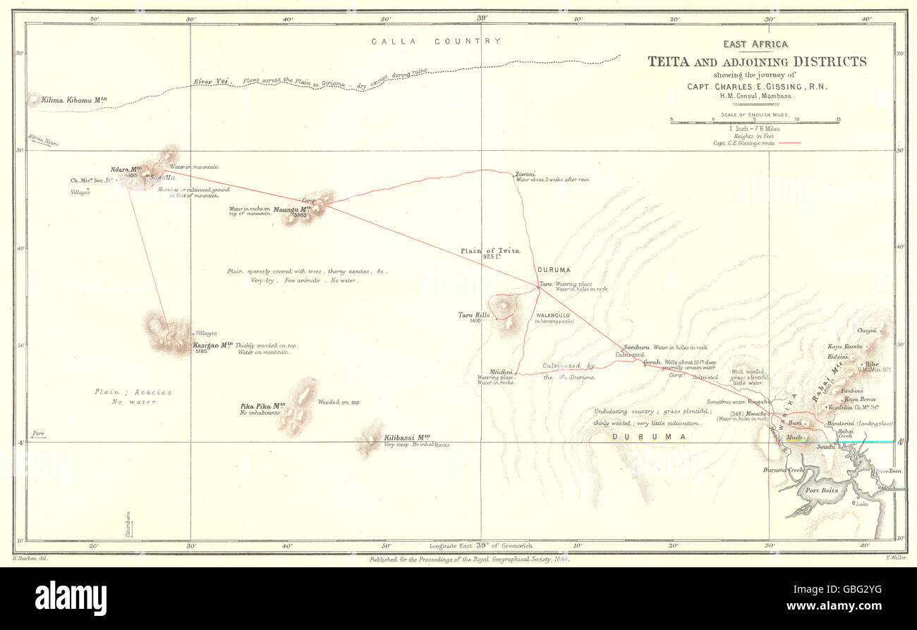 KENYA: Teita district. Mombasa. Capt Gissing's route. RGS, 1884 antique map Stock Photo