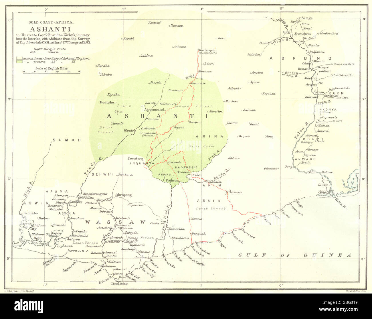 ASHANTI KINGDOM:Gold Coast(Ghana).Kirkby Lonsdale Thompson journeys.RGS 1884 map Stock Photo