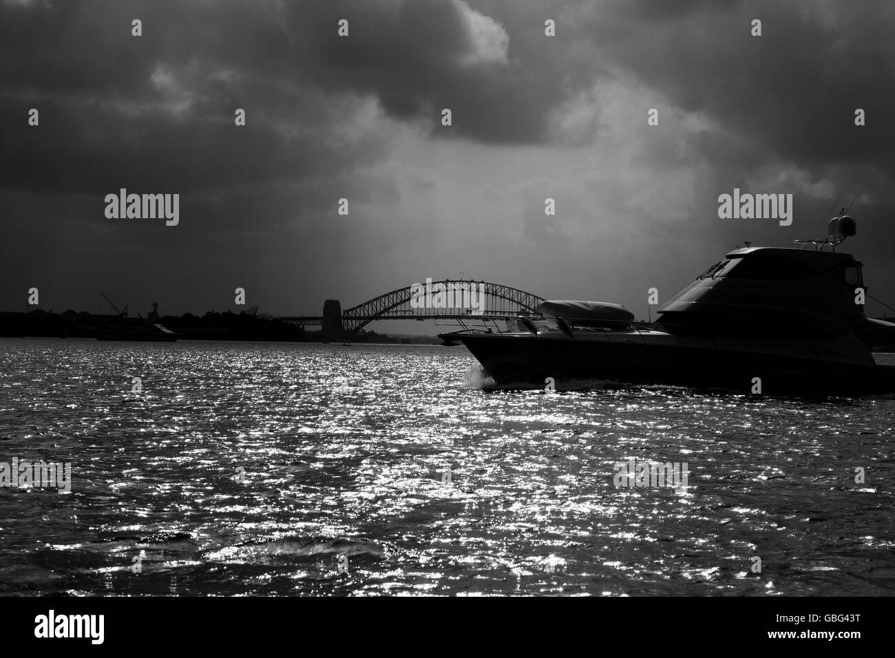A Black and White image of The Harbour Bridge in Sydney, Australia Stock Photo