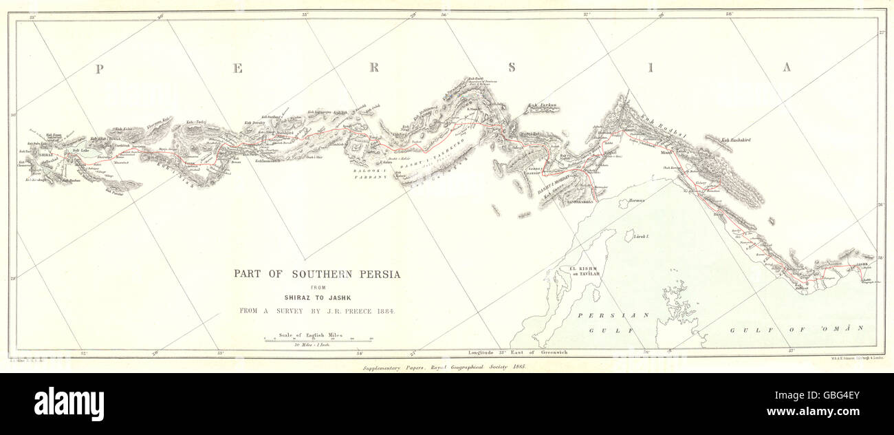 SOUTHERN PERSIA (IRAN) : Shiraz to Jask. Bandar-Abbas. Preece. RGS, 1885 map Stock Photo