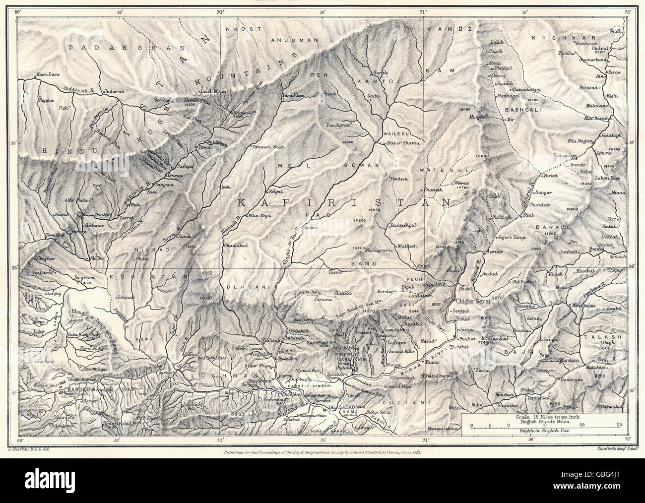 AFGHANISTAN:Kafiristan(Nuristan).Hindu Kush.Kunar Valley.Sharbau.RGS, 1881 map Stock Photo