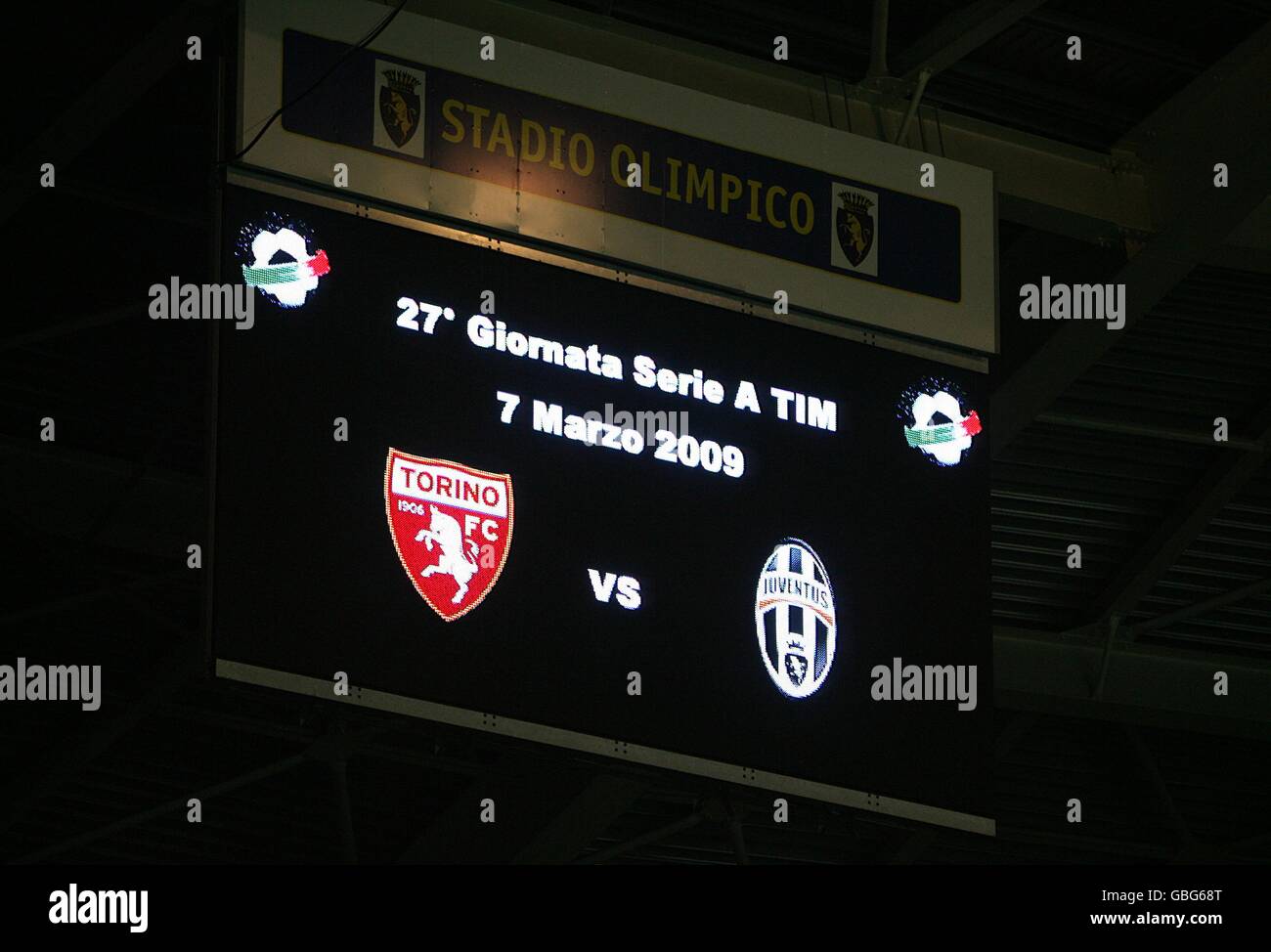Soccer - Italian Serie A - Torino v Juventus - Olimpico di Torino. The scoreboard displays the teams Stock Photo