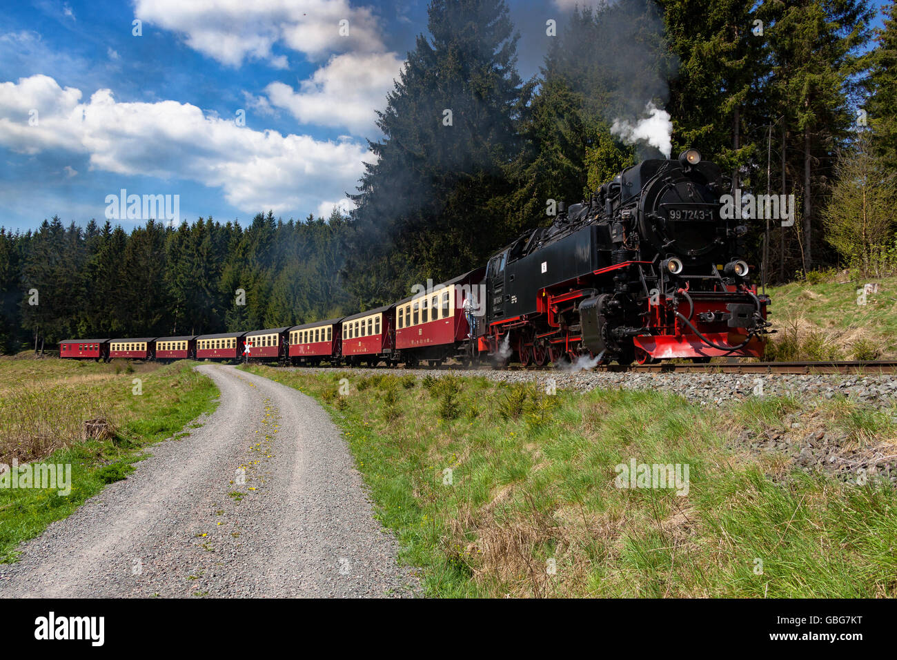 99 7243-1 steaming through Sorge on it's way to Drei Annen Hohne. Stock Photo