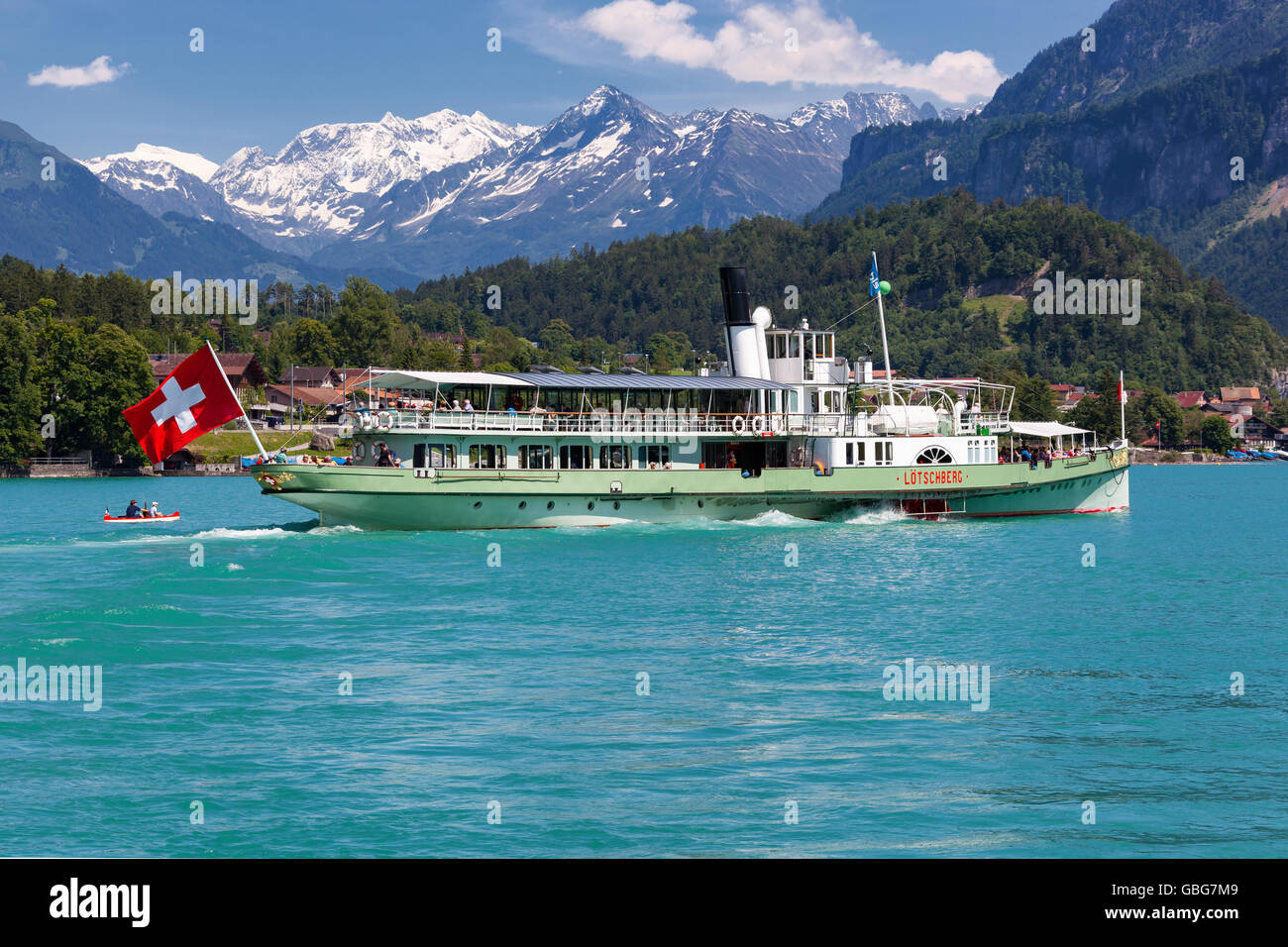 Paddlewheel steamboat "Lötschberg" leaving the station of Brienz on the ...