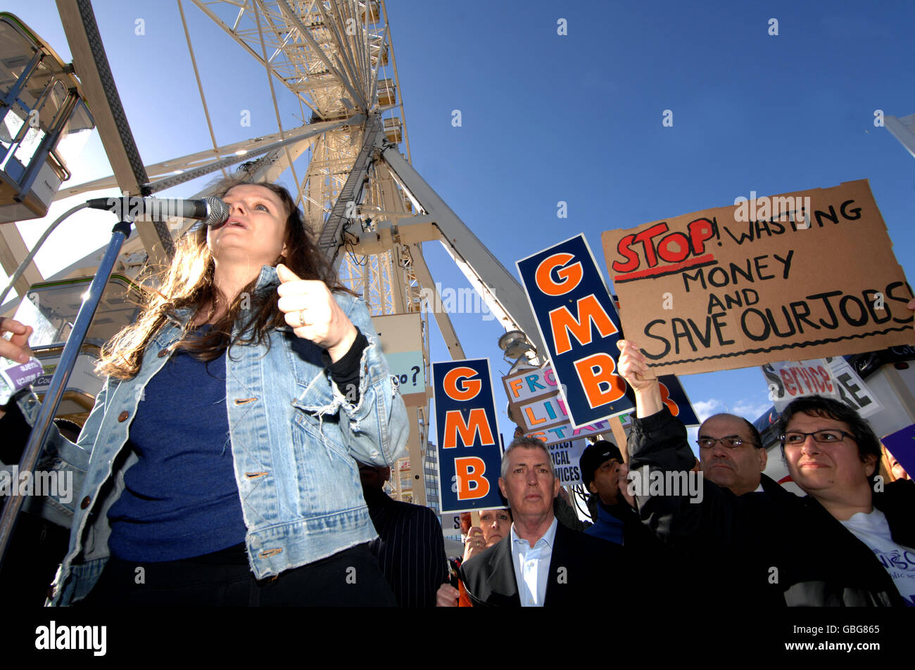 Actress Samantha Morton speaks at a demonstration against Nottingham City Council budget cuts in the Old Market Square, Nottingham. Stock Photo