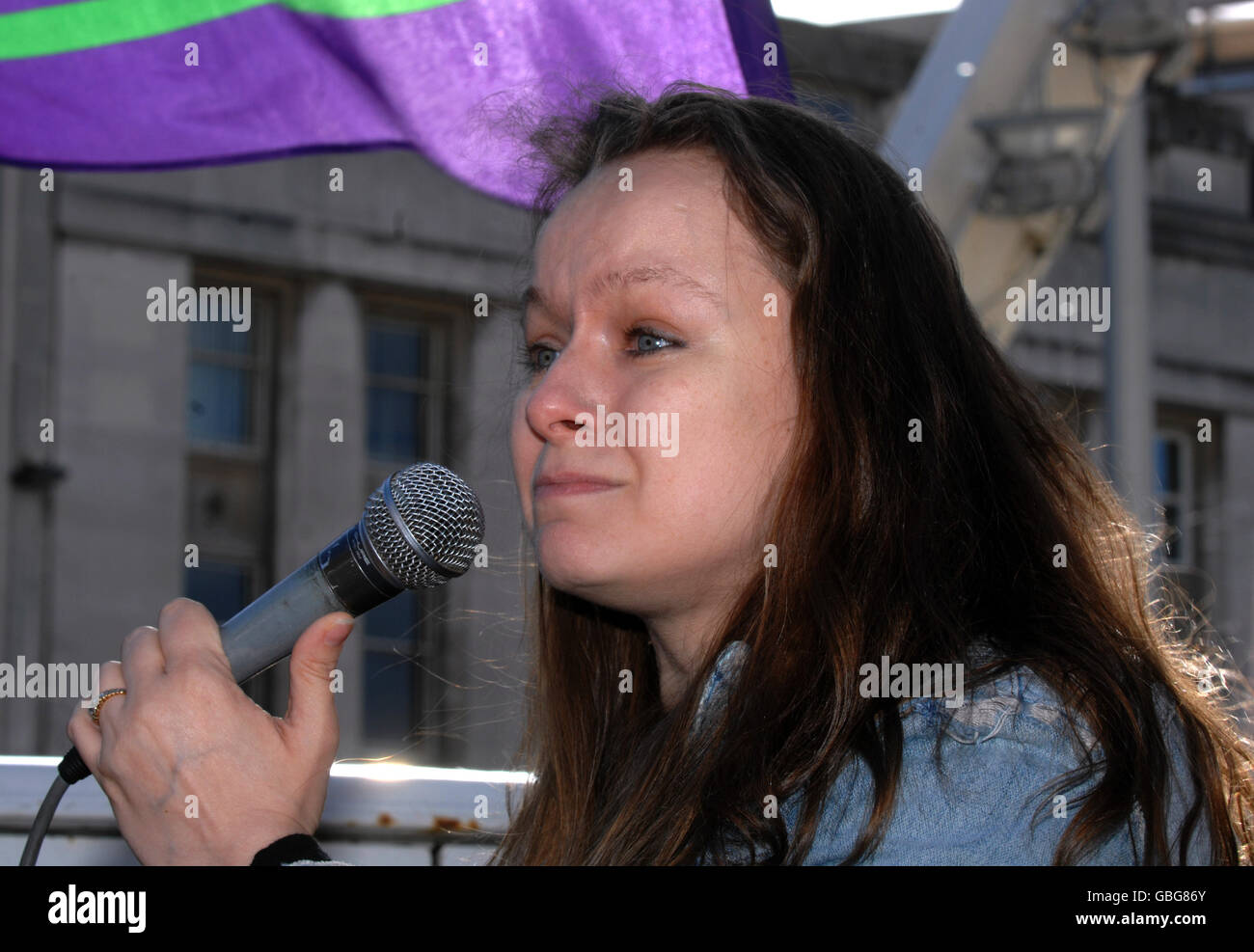 Actress Samantha Morton speaks at a demonstration against Nottingham City Council budget cuts in the Old Market Square, Nottingham. Stock Photo