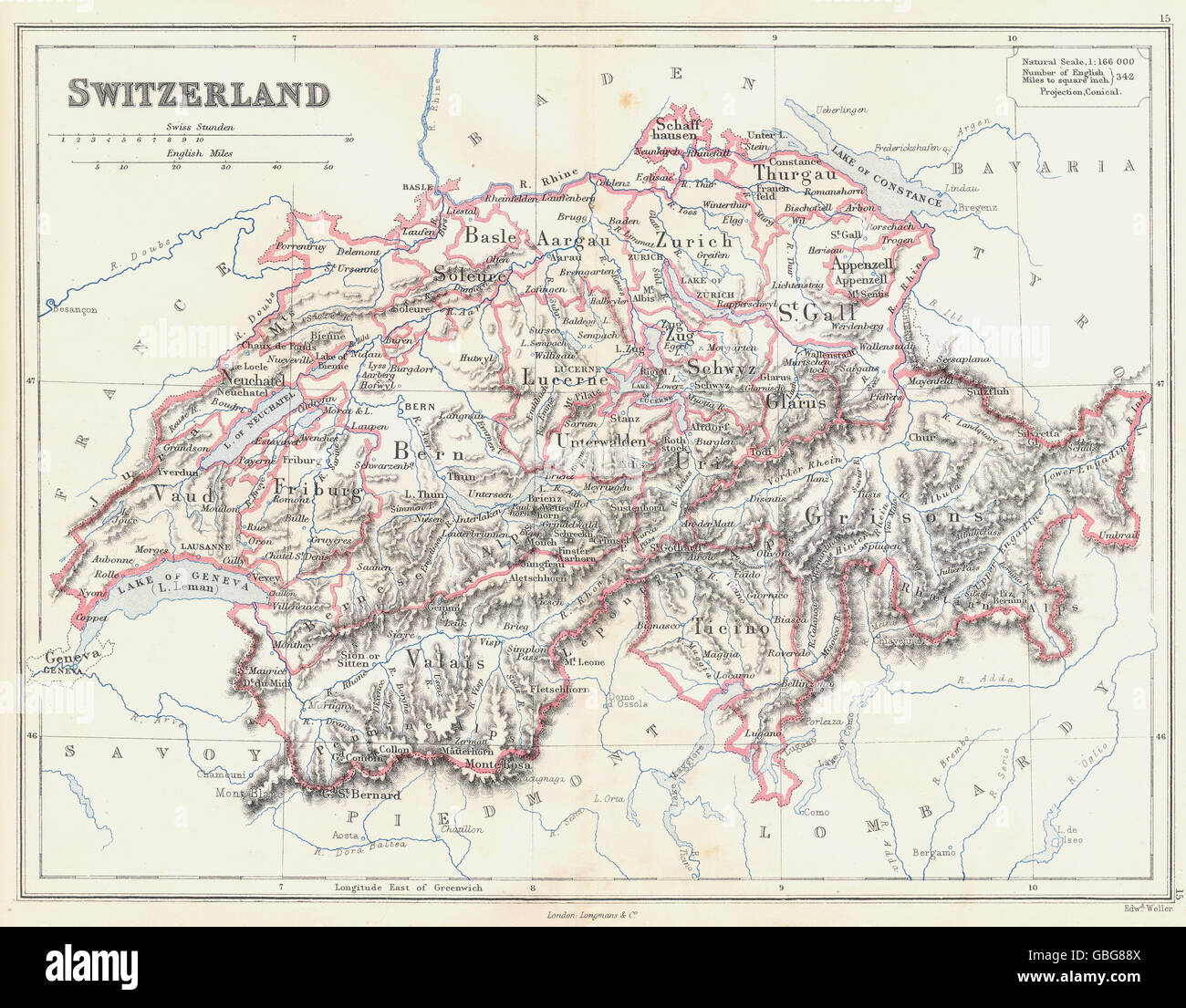SWITZERLAND: Showing Cantons (shows Geneva as independent!) . BUTLER, 1888 map Stock Photo