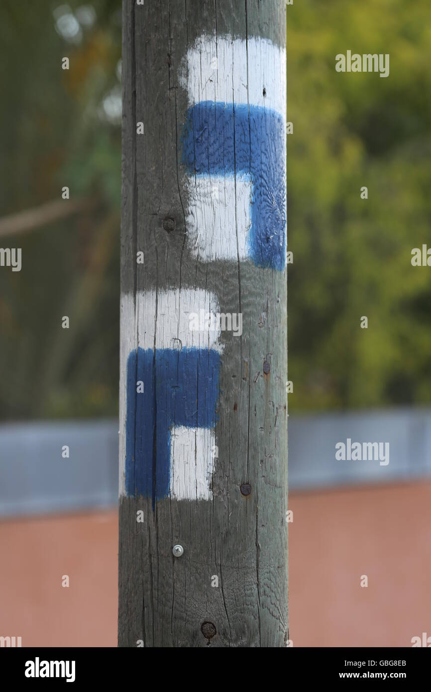 Trail Markers on a Telephone Pole.  Wooden Telephone pole with painted trail arrows for hiking trails. Waymarking marks in blue and white colors paint Stock Photo