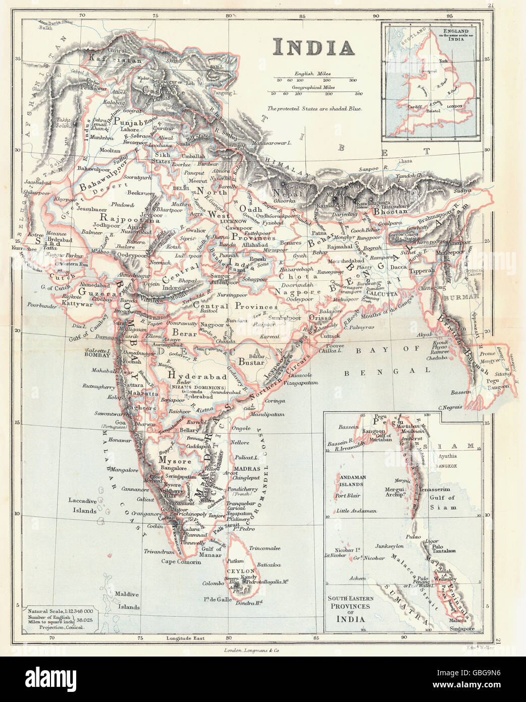 BRITISH INDIA: inc. Malaya (Straits Settlements: Penang &c) . BUTLER, 1888 map Stock Photo