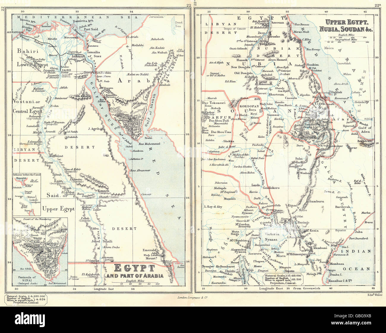 EGYPT & SUDAN:Nubia Darfur Kurdufan Sinai.Suez Isthmus pre-canal.BUTLER 1888 map Stock Photo