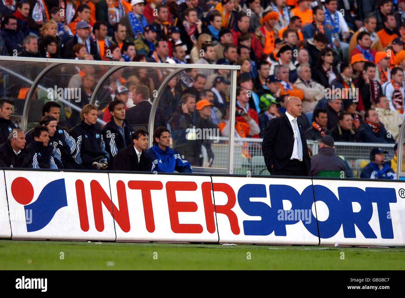 Soccer - UEFA Cup Final - Valencia v Olympique Marseille. Olympique Marseille's coach Jose Anigo (r) Stock Photo