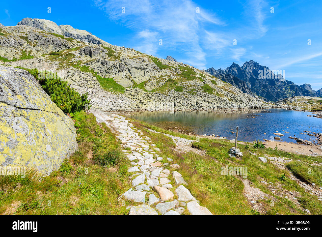 Hiking path along beautiful lake in Starolesna valley in summer time, High Tatra Mountains, Slovakia Stock Photo