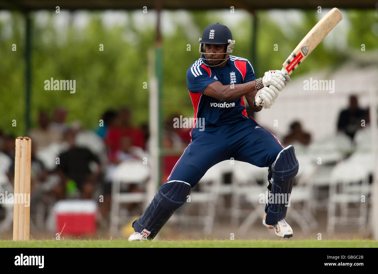 England's Dimitri Mascarenhas bats during the One Day Tour Match at Guaracara Park, Pointe-a-Pierre, Trinidad. Stock Photo