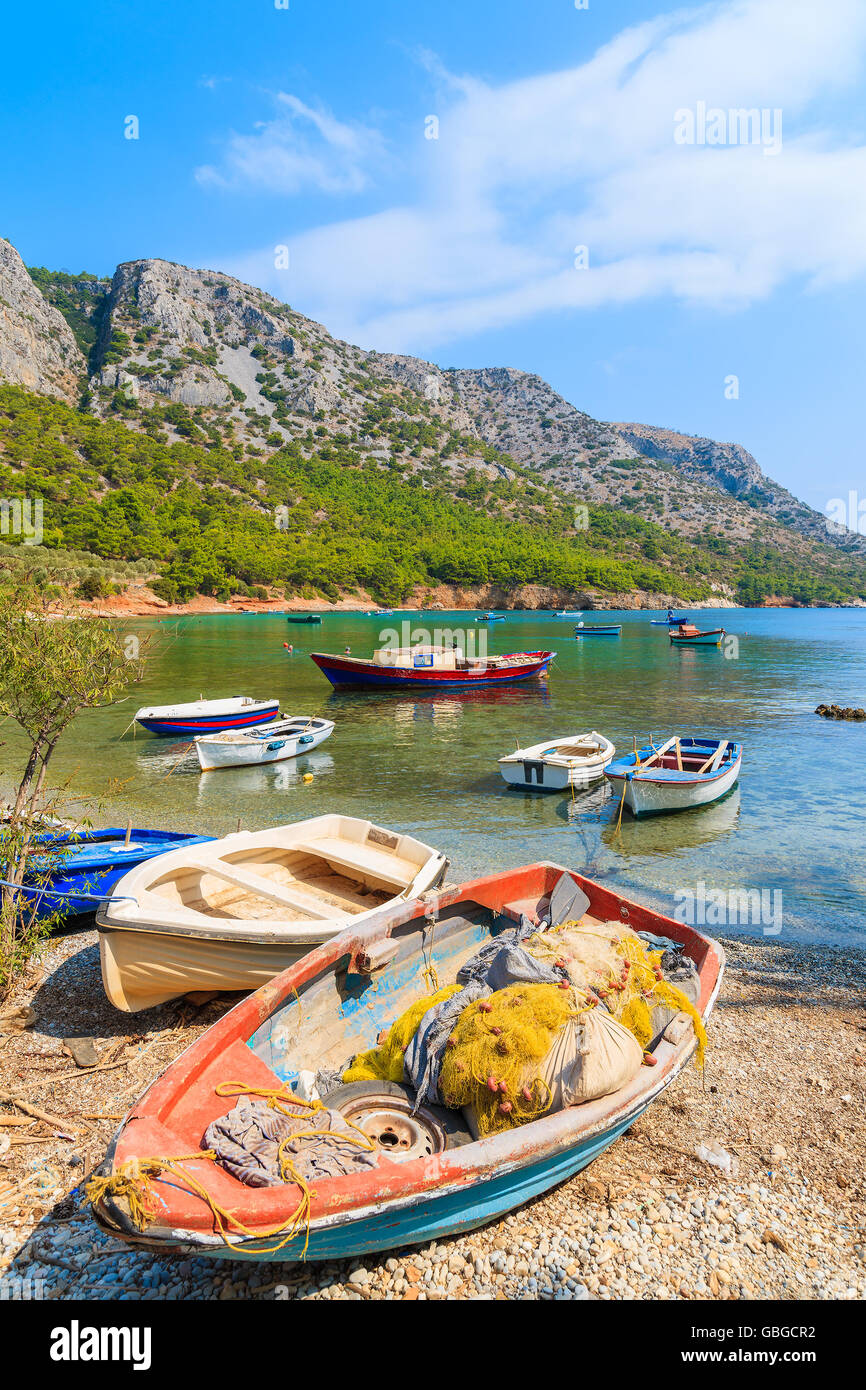 Traditional fishing boats on beautiful secluded beach, Samos island, Greece Stock Photo