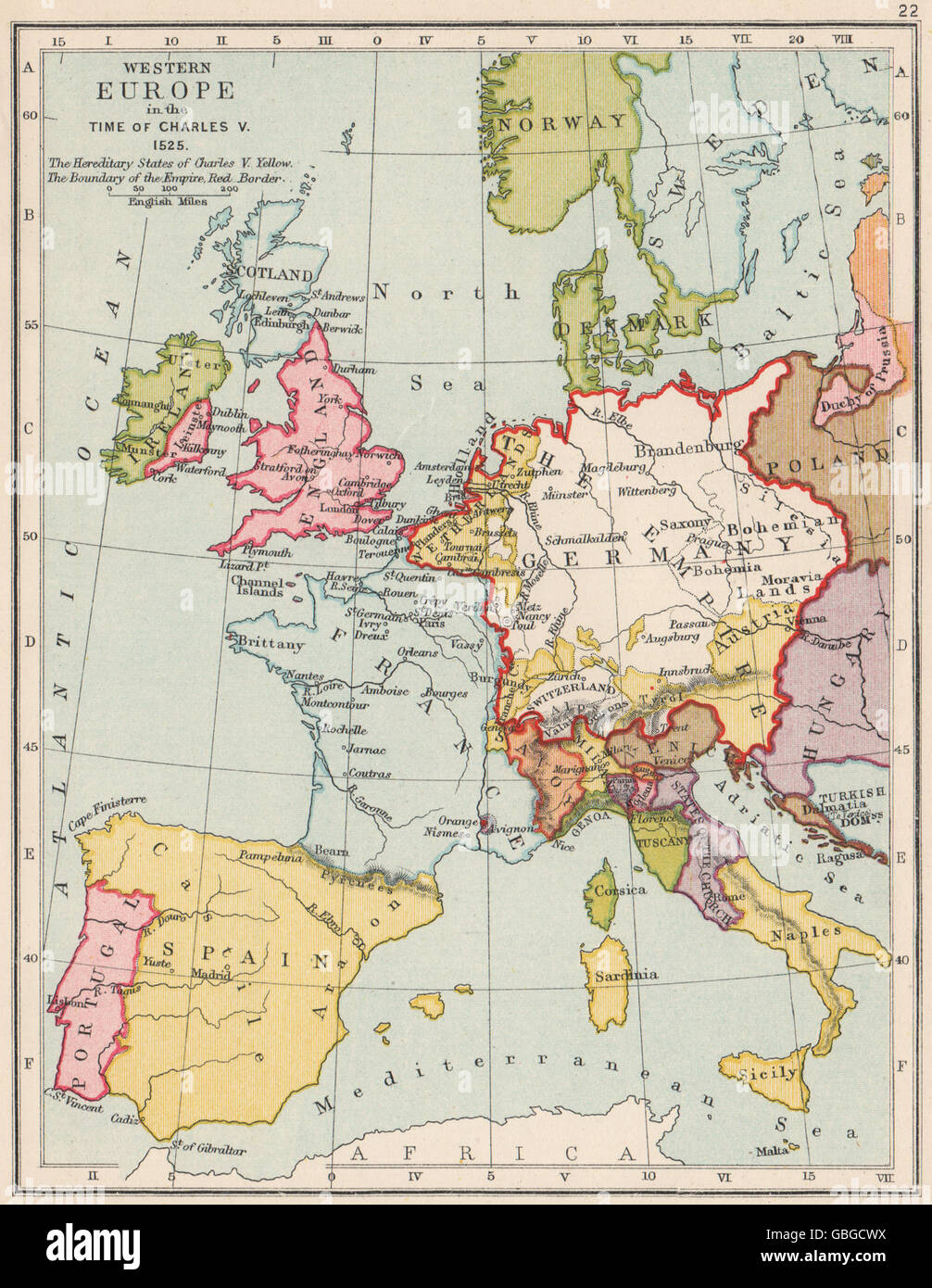 HOLY ROMAN EMPIRE 1525: Western Europe in the time of Charles V, 1907 old map Stock Photo