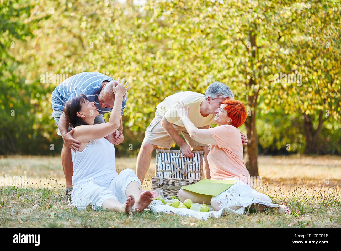 Happy senior couples making a picnic in summer at the park Stock Photo