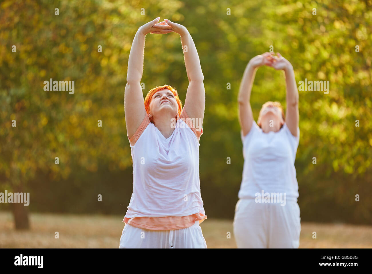 Two senior friends making pilates in the park in summer Stock Photo