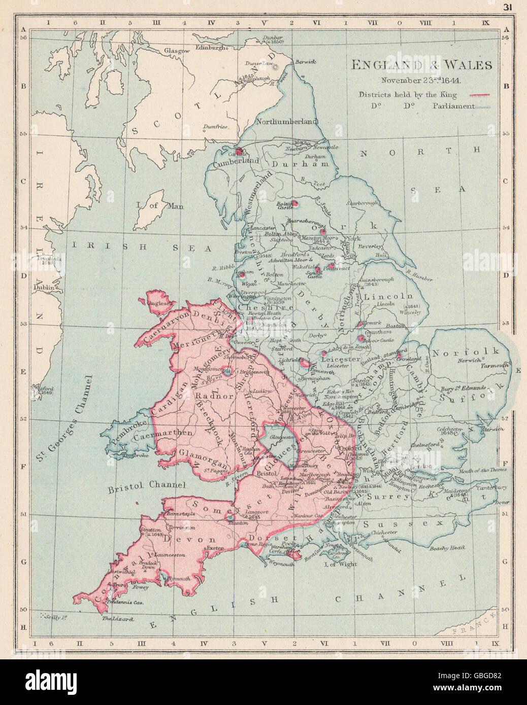 ENGLISH CIVIL WAR NOV 1644:King(red)Parliament(blue).Battles/dates, 1907 map Stock Photo