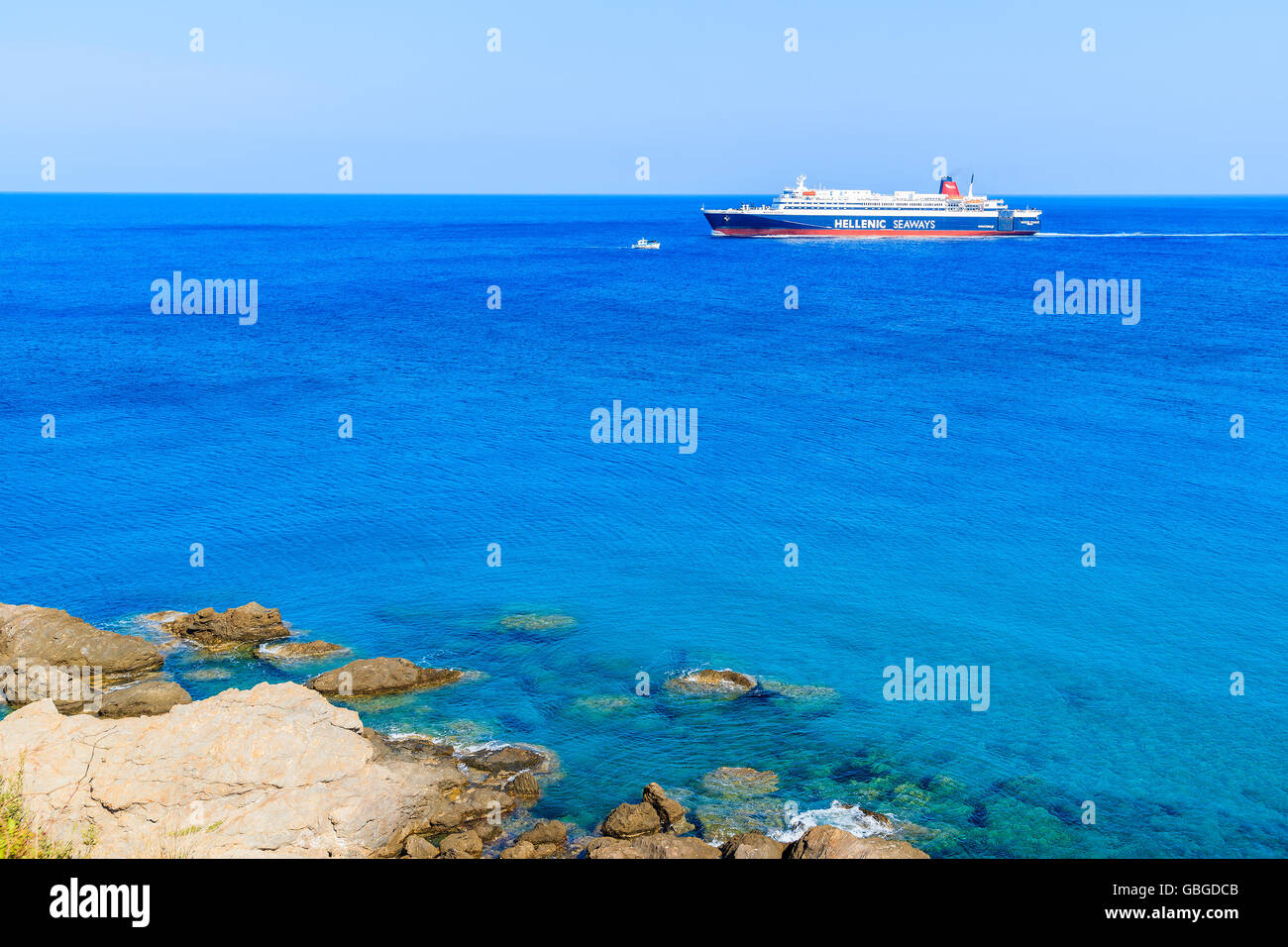 SAMOS ISLAND, GREECE - SEP 21, 2015: ferry ship 'Nissos Rodos' sailing under Hellenic Seaways flag to Karlovasi port on Samos is Stock Photo