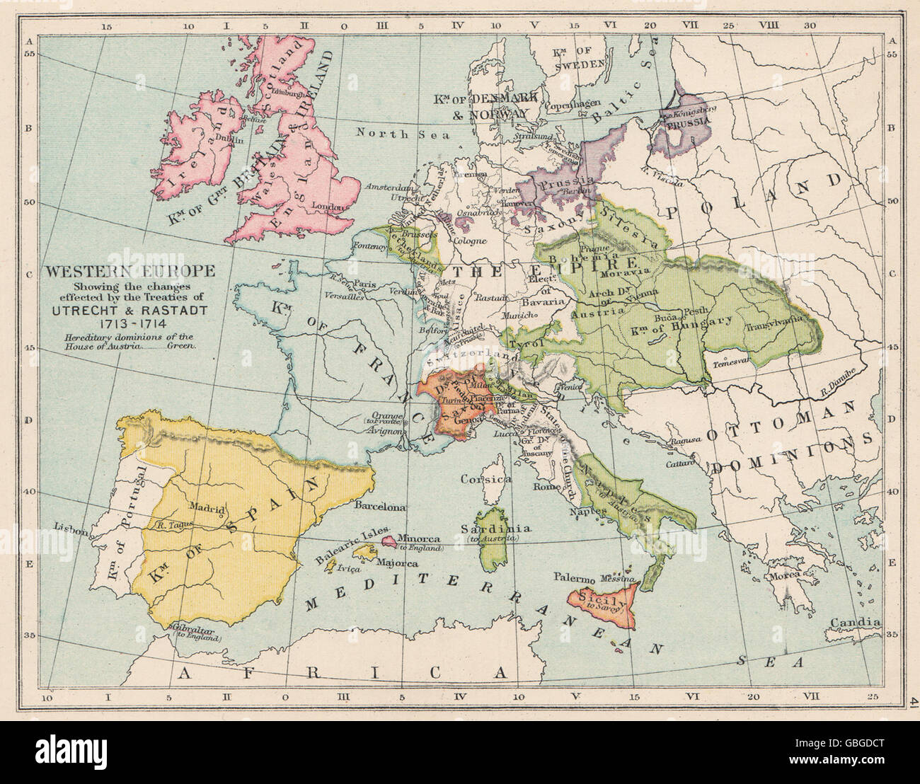 EUROPE 1713-14: Treaties of Utrecht & Rastadt. British Minorca, 1907 old map Stock Photo